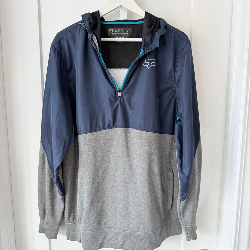 Fox Racing Active Mens Large Quarter Zip Hoodie Navy Gray Turquoise Colorblock - Picture 4 of 5